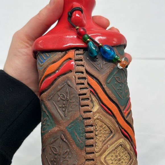 Red and Brown Clay Abstract Vase with Lines & Flowers - Picture 6 of 10